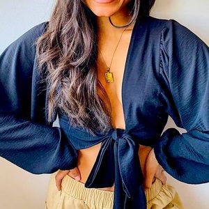 Woven tie front oversized sleeve